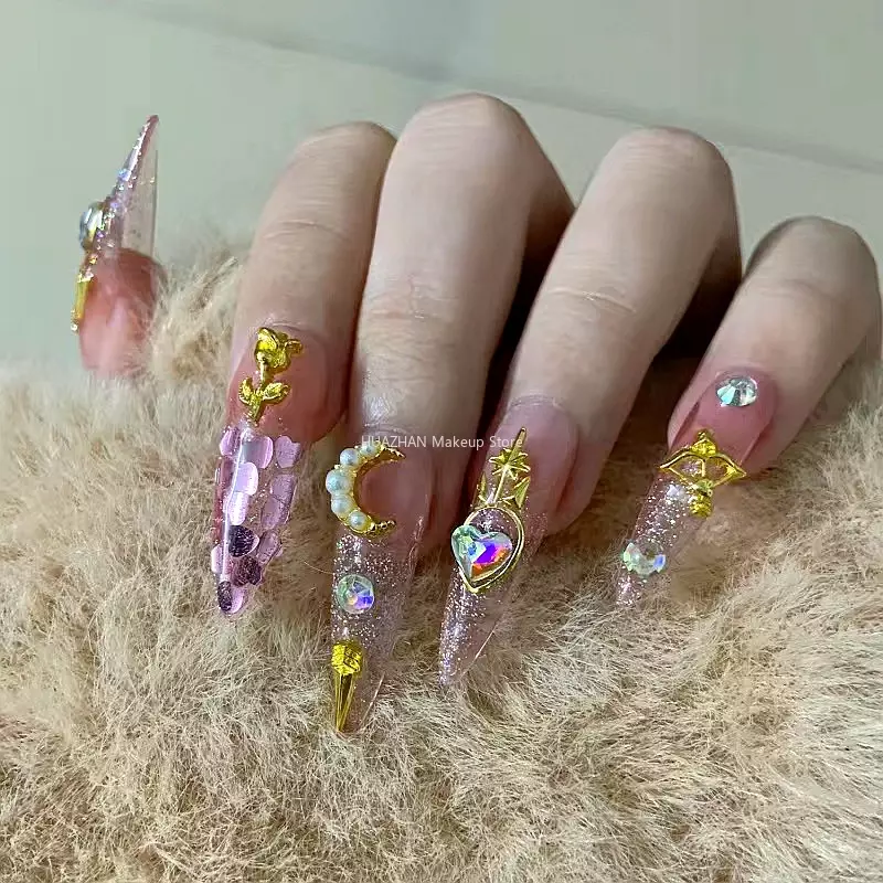 Glittery Rhinestone naciśnij na paznokcie Y2K Handmade różowy sztuczne tipsy Art wielokrotnego użytku długi Stiletto trumna fałszywy paznokci z klejem prezent