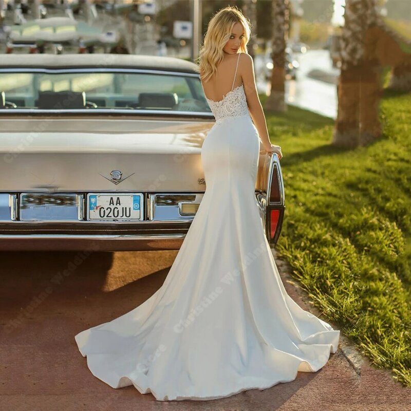 Gaun pernikahan wanita gading elegan 2024 gaun pengantin pengantin putri duyung Motif renda seksi gaun pengantin acara Formal tanpa lengan