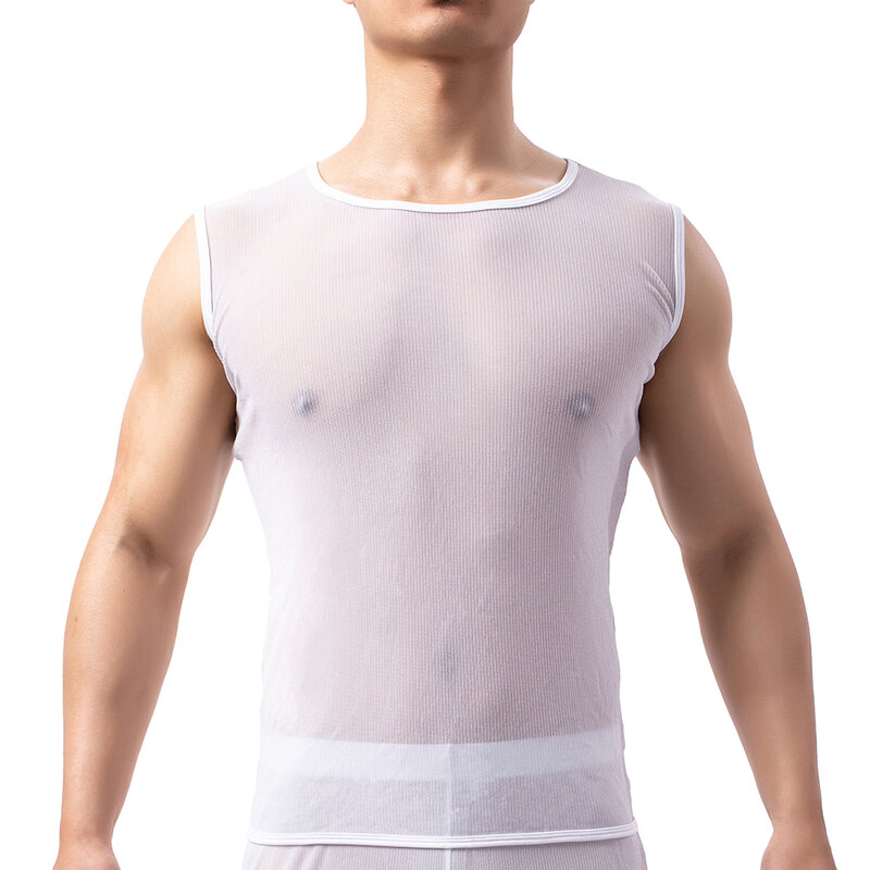 เซ็กซี่ตาข่าย Undershirts ผู้ชายชุดชั้นในเสื้อเสื้อแขนกุดผ้าไหม Sissy Breathable Vest ชุดนอนมวยปล้ำ T-Shrits