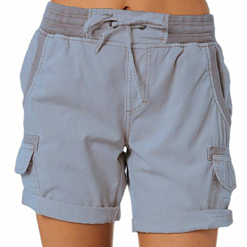 Pantalones cortos Cargo para mujer, Shorts de lino y algodón con bolsillo, cintura elástica, Color liso, transpirables, para playa
