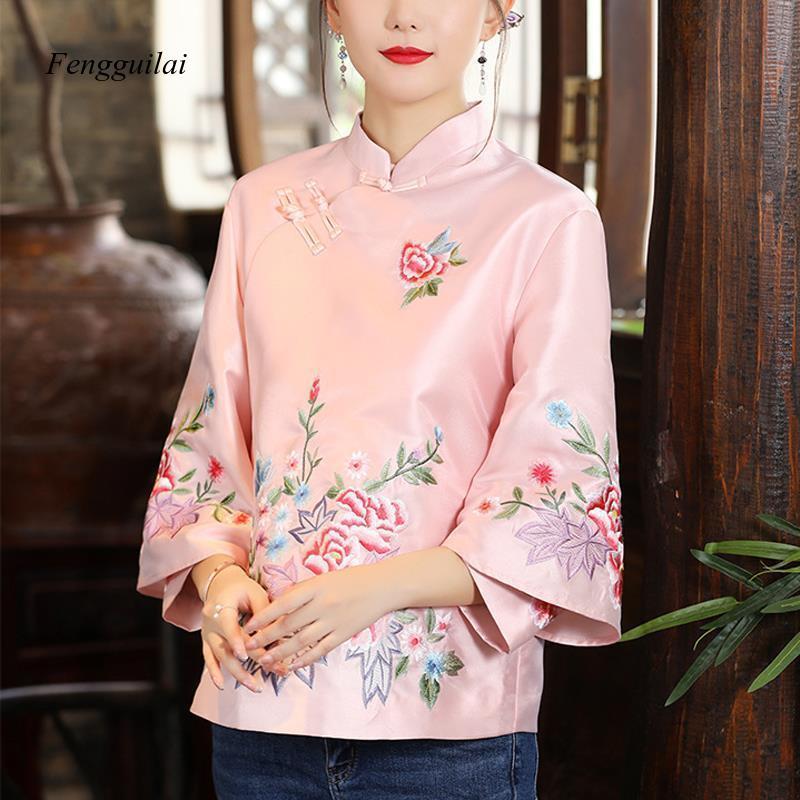 2022 Spring and Autumn Ethnic Style Tang Suit Coat Retro Embroidery Button Chinese Top Women Top Elegant Loose Blouse