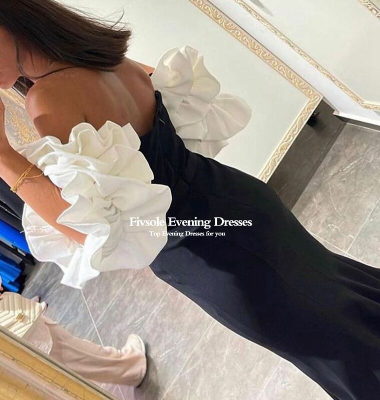 Fivsole Black White Mermaid Prom Dresses 2023 Sweetheart Pearls Evening Dress Ruffles Puff Sleeves Party Gowns Robes De Soiree