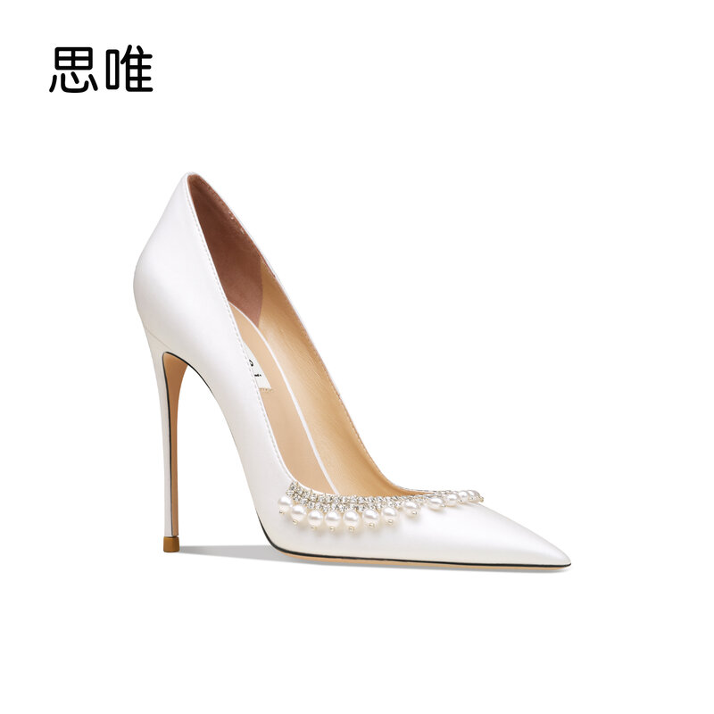 2022 stelle stile lusso perla scarpe da donna tacchi alti Sexy punta a punta 8/10cm pompe scarpe da sposa bianco raso abito da sera scarpe