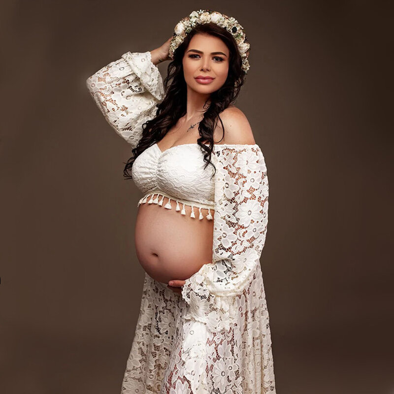 Boho Style Lace Maternity Dress Bohemian Photo Shooting Pregnancy Dress Baby Shower Ruffled Split Cut Lace Dress