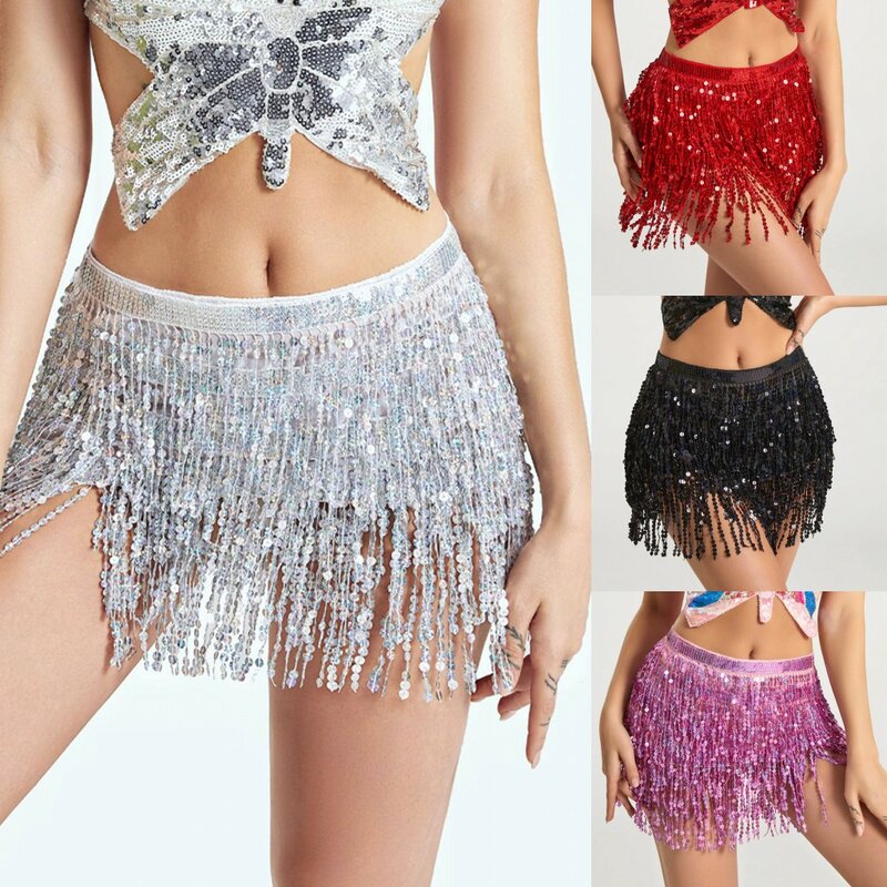 Sexy Belly Dance Layer Skirt Sequins Chain Tassel Belts Clubwear Latin Hula Dance Practice Dress Performance Hip Waist Scarf