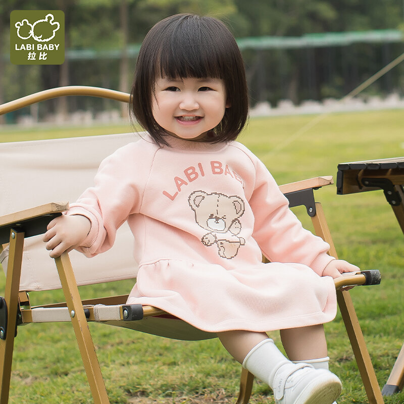 LABI Baby-Girls mangas compridas em gola redonda, vestidos casuais infantis, roupas ao ar livre infantis, roupas de criança, outono