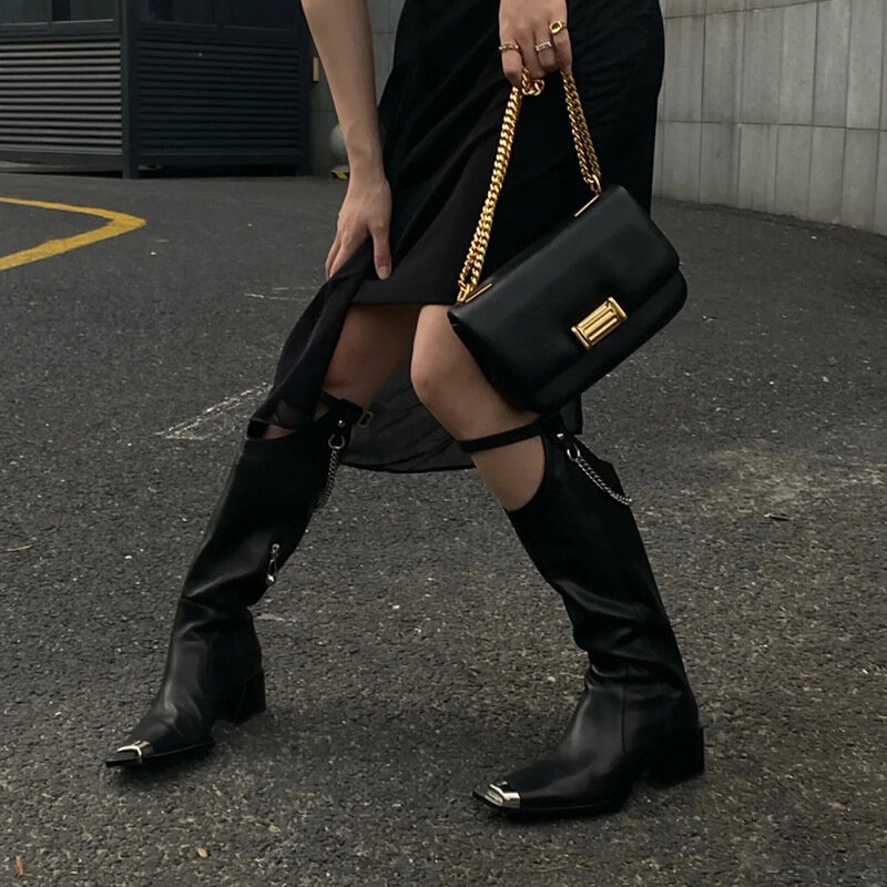 Модные европейские новые женские сапоги, сапоги на высоком каблуке с металлической цепочкой, женские сапоги до колена на все сезоны для ночного клуба и улицы