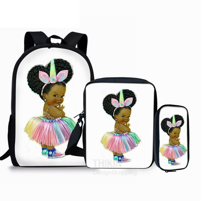 Klasyczna czarna dziewczyna magiczna Afro Lady 3D Print 3 sztuk/zestaw torby szkolne mała torba na laptopa plecak pochylona torba na ramię piórnik