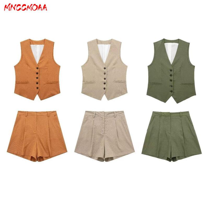 MNCCMOAA 2024 New Fashion Linen Slim V Neck Sleeveless Vest And Shorts Set Summer Office Ladies Set