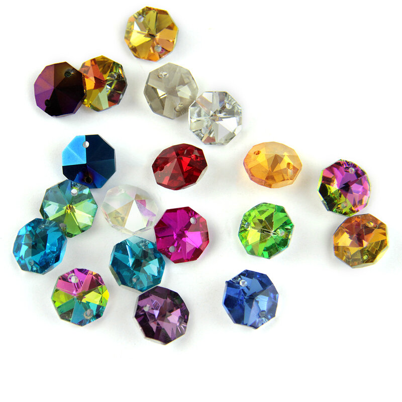 Cristal Octagon Prism Beads para Iluminação, Peças de Lustre, Vidro Colorido, Festa de Casamento, 1 Buraco, 2 Buracos, 14mm, 10Pcs