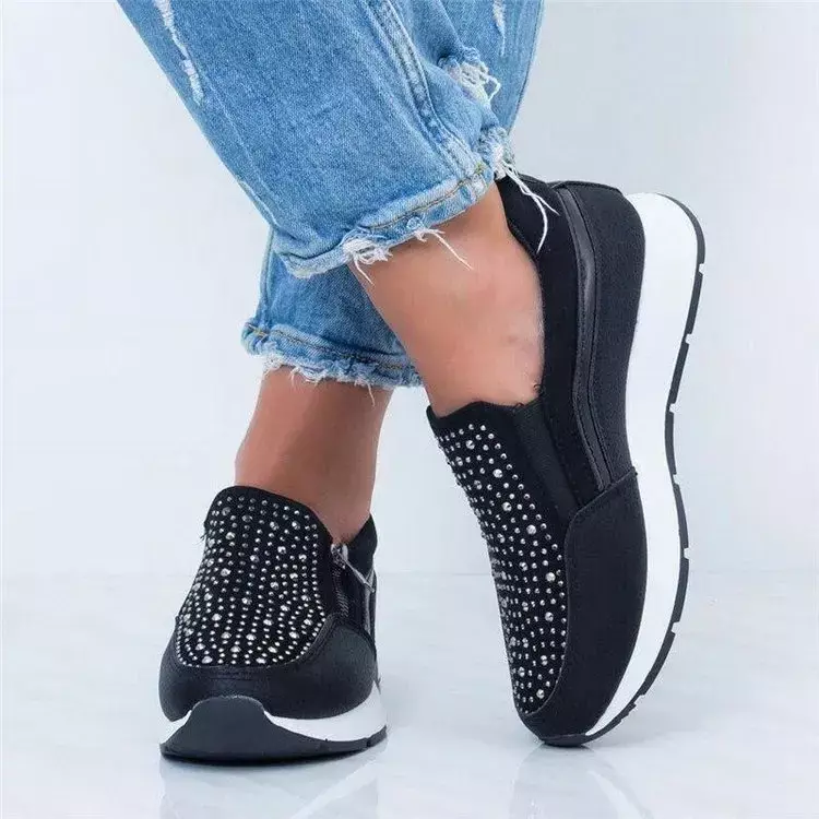 Women Crystal Sneakers Spring Autumn Casual Zipper Flat Shoes women Non-slip Breathable Outdoor Vulcanized Shoes woman yui89