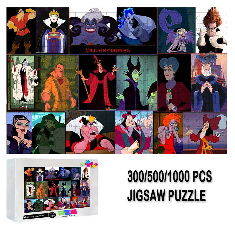 Disney Villain Couples Jigsaw Puzzle 300/500/1000 PCS Wooden Puzzle Kids Cartoon Baby Educational Learning Interactive Toys