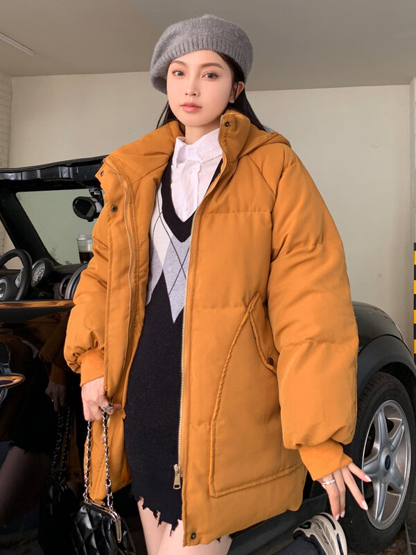 เสื้อกันหนาวมีฮู้ดทรงหลวมลำลองสำหรับผู้หญิง, เสื้อแจ็คเก็ตผ้าฝ้ายสไตล์เกาหลี2023ฤดูหนาว