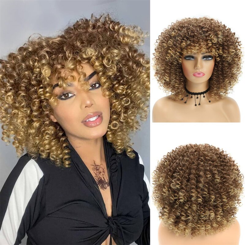 Pelucas de cabello negro de fibra sintética para mujer, cabello rizado pequeño africano, peluca de cabeza explosiva, conjunto completo, nuevo