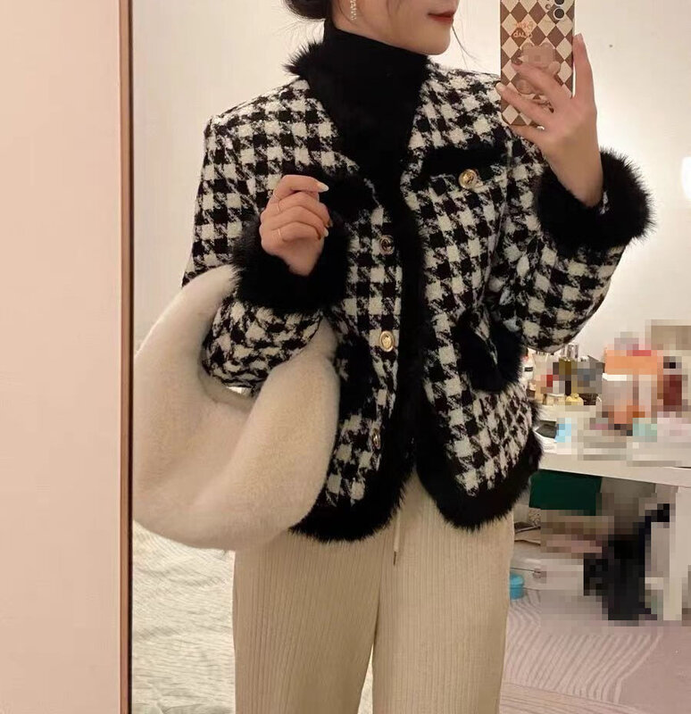 Винтажная клетчатая куртка, женское Укороченное пальто в стиле пэчворк, зимняя элегантная плотная теплая короткая верхняя одежда в Корейском стиле