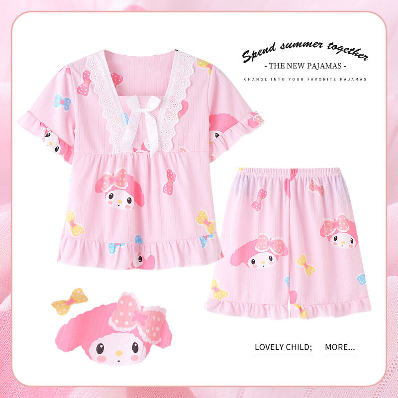 Kawaii Sanrio Cinnamoroll Children Bow Pajamas Two-piece Set Anime My Melody Kuromi Summer Baby Girl Home Top Bottoms Sleepwear