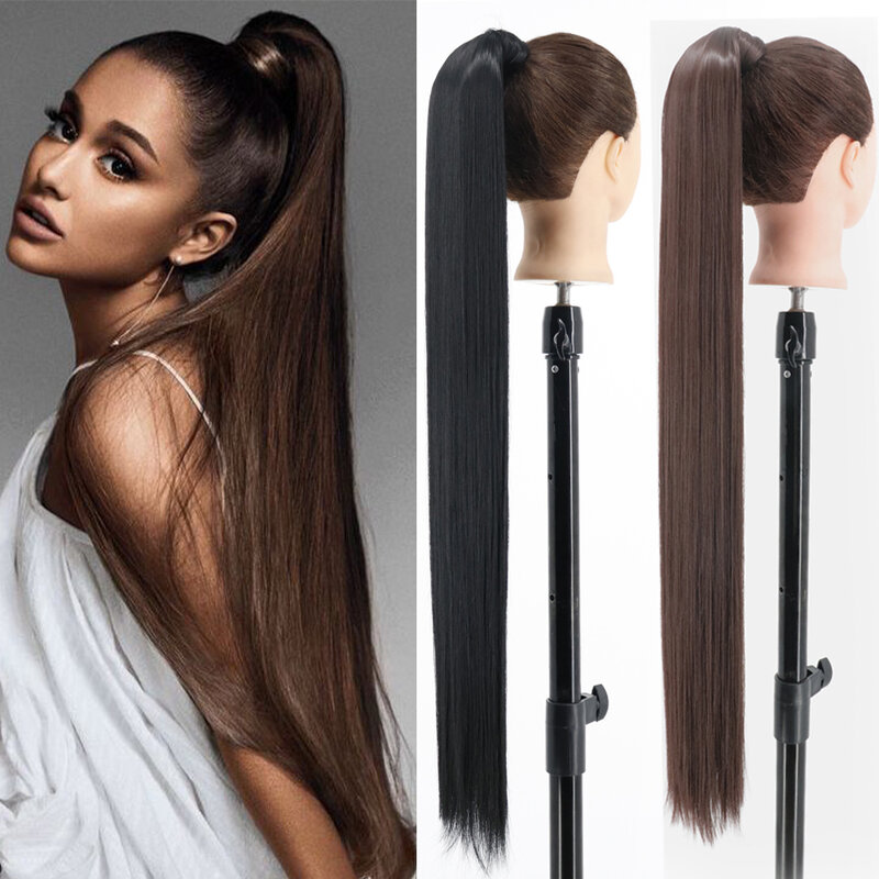 34นิ้ว Synthetic Ponytail Hair Extension คลิปในปลอมวิกผมสีบลอนด์ห่อรอบ Pigtail ยาว Overhead Pony Tail