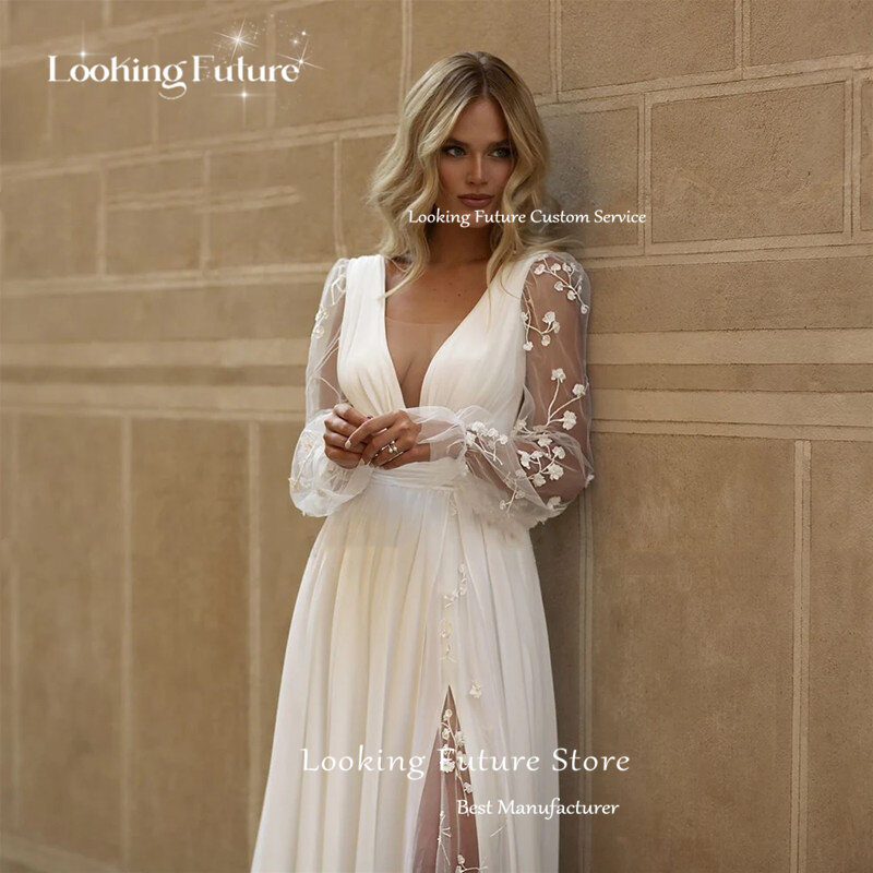 Modern A-Line Wedding Dress Sexy V Neck Illusion Appliques Backless Zipper Wedding Gown Long Sleeve High Side Slit Sweep Train