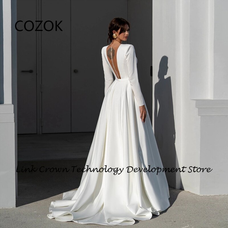 Cozok V-Ausschnitt Satin Brautkleider für Frauen 2024 volle Ärmel Brautkleider Sommer boden lange Knopf zurück Vestido Novia neu