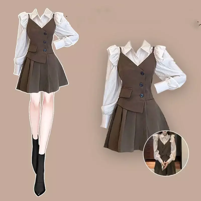 2024 primavera autunno abbigliamento donna coordinati set Englad Style Retro Button Sling Suits Mini Dress Shirts abiti a due pezzi