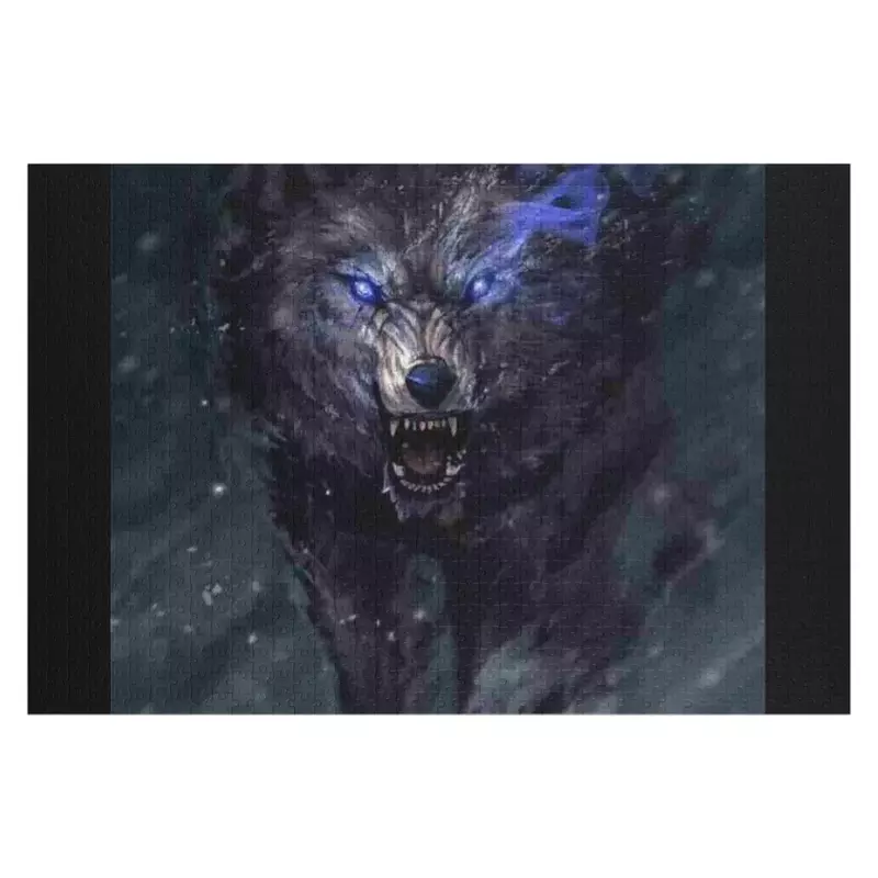 Serigala hitam dengan mata biru teka-teki Jigsaw mainan Natal nama kayu teka-teki yang dipersonalisasi khusus