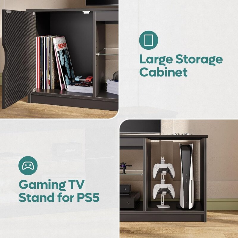 LED TV Stand for 55/60/65 Inch TV,  Cabinet Modern TV Cabinet with Adjustable Glass Shelves  58 Inch,Black