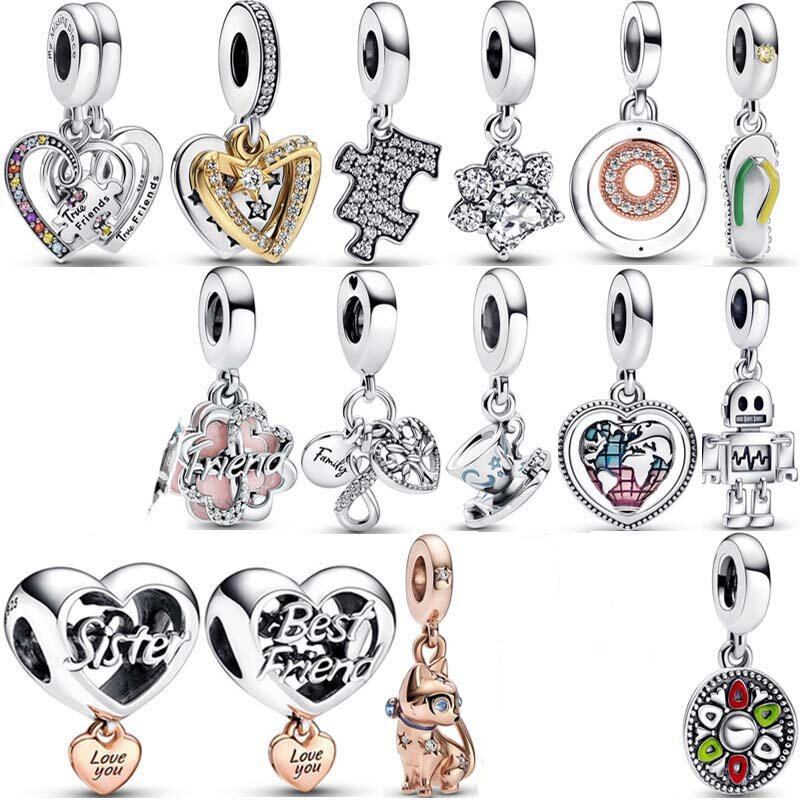 925 Sterling Silver Charm Beads, Corações Estrela Cadente, Círculos Assinatura, Trevo, Peça Amizade, Fits Fashion Bracelet, Jóias DIY