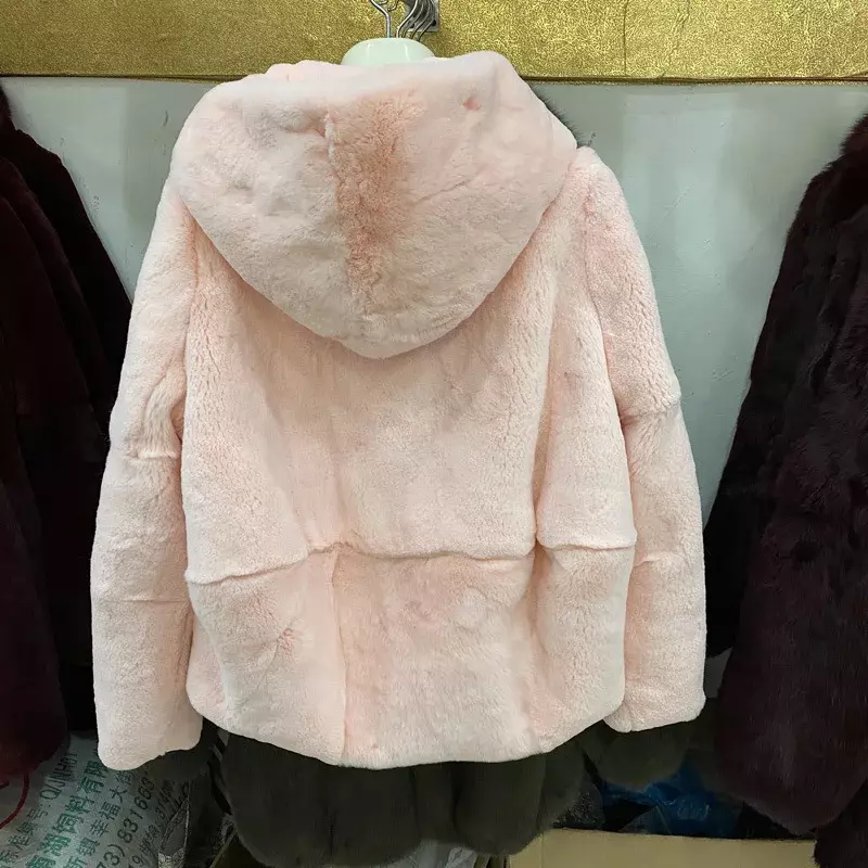 Manteau d'hiver en fourrure de lapin Rex pour femme, ample, chaud et décontracté, avec capuche