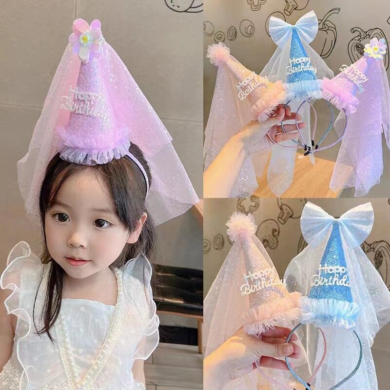 Baby's Happy Birthday Hat Princess Crown Mesh Headband Celebration Glitter Decor for Kids Girl Favor Headwear Party Supplies