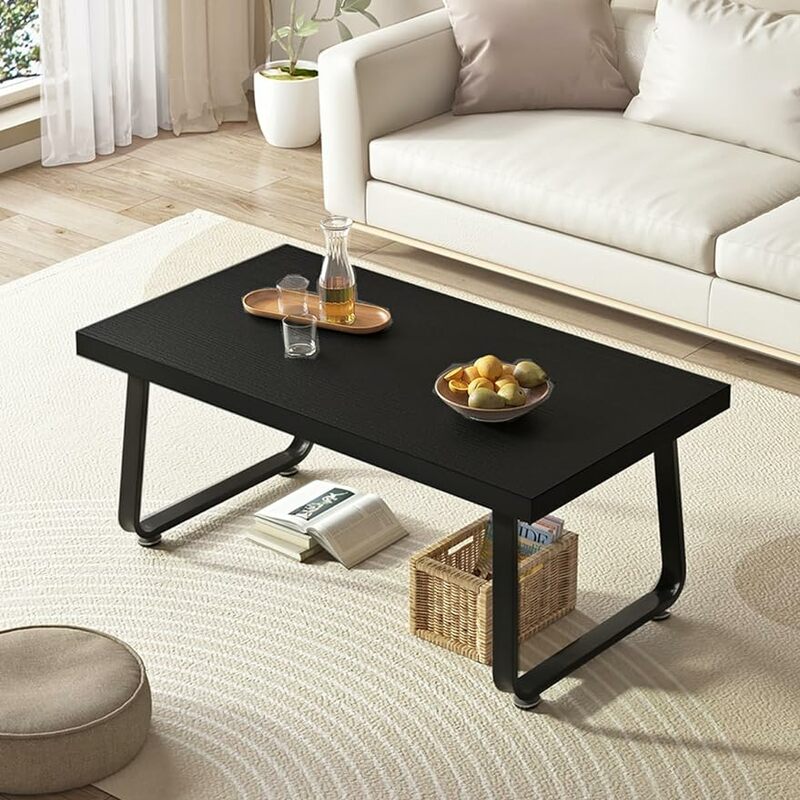 HSH czarny nowoczesny stolik kawowy, rustykalny stół środkowy z drewna i metalu, prosty stolik kawowy do salonu wiejski, industrialny minimalny