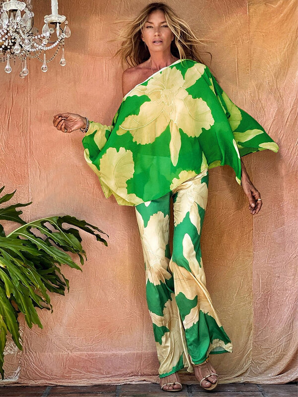Kimono playero con estampado Floral para mujer, Túnica bohemia de gasa con estampado verde, caftán de talla grande, Pareo de playa, 2023