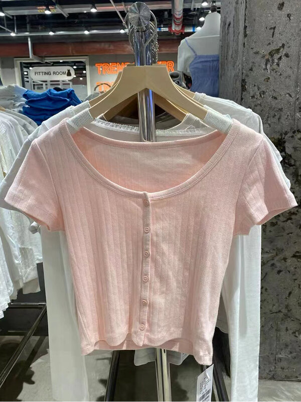 Pink Eyelet Sweet Slim T Shirt Women Summer Cotton O-neck Buttons Short Sleeve T-shirts Vintage Simple Cute Crop Top Y2k Clothes