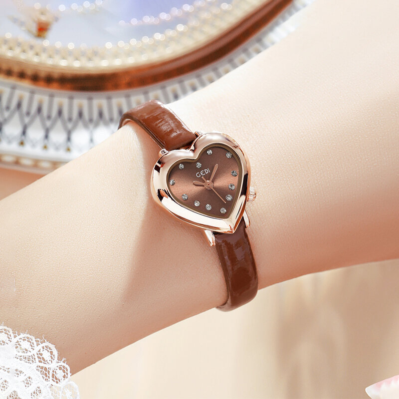 ساعة جيدي فاخرة على شكل قلب للنساء ، ساعة يد كوارتز رفيعة للغاية ، ساعات نسائية ، جلد بولي يوريثين ، مقاومة للماء ، 30 متر ، لطيفة ، عصرية