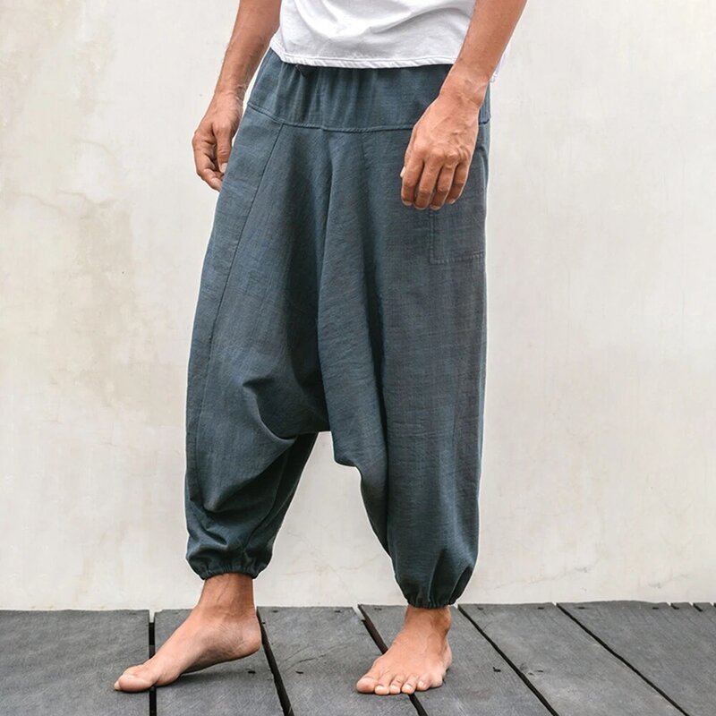 Calça esportiva monocromática casual masculina, calça de ioga solta, algodão e linho, rua hip-hop, nove pontos, retrô, simples