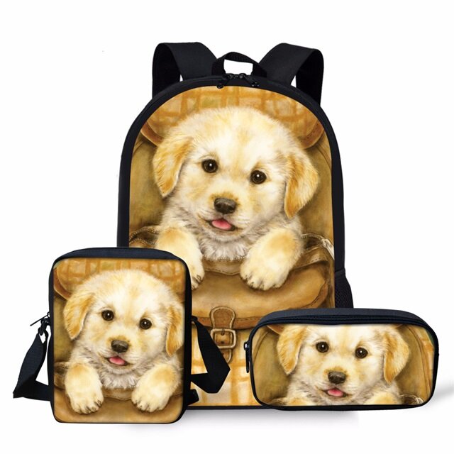 Legal saco crossbody estudante 3 pçs conjunto mochila golden retriever bonito animal cão impressão menina menino 3d mochila