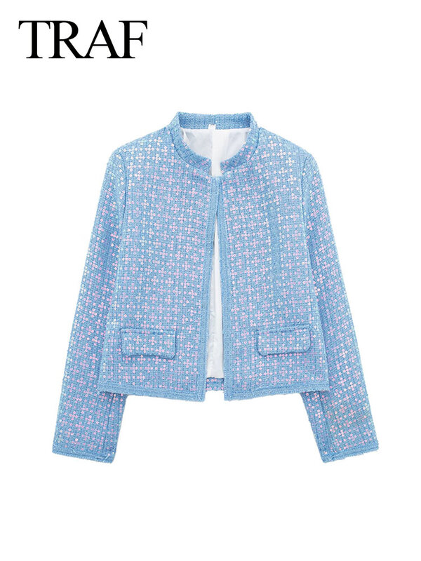 TRAF 여성용 시크한 짧은 코트, O-넥 긴 소매 포켓 스팽글 장식, 하이 스트리트 재킷, 블루, 여름, 새로운 패션