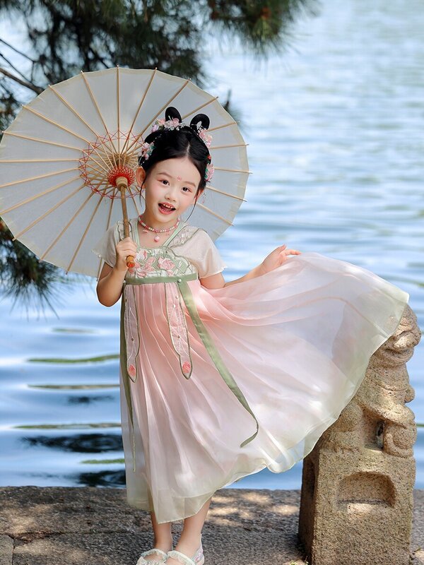 Hanfu ชุดเดรสสำหรับเด็กผู้หญิง, ใหม่2024แจ็กเก็ตและเดรสปักลายโบราณสำหรับการแสดงของเด็กในฤดูร้อน