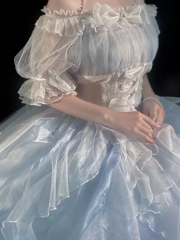 Französisch romantischen Stil Lolita op elegante Mädchen Cosplay Prinzessin Puff Ärmel Band Bowknot Blume Tunika Mesh fantastische Fee Kleid