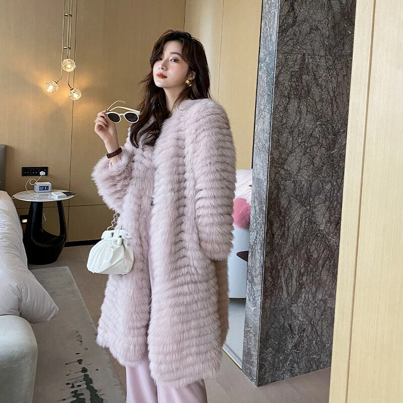 Fox Natural Fur Women's Winter Real Coat Fashion Strip Sewed Toghter Autumn Elegant Long Jackets Female