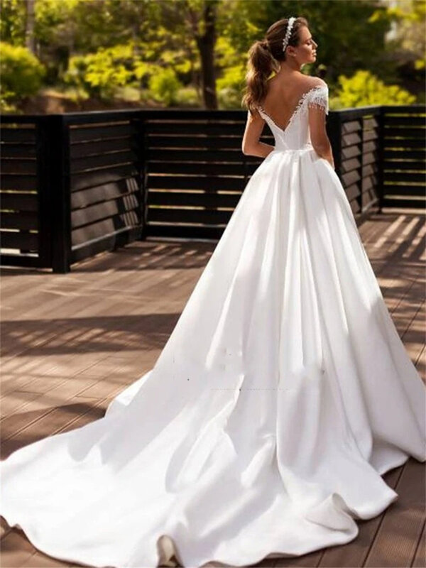 Encantador vestido de noiva fora do ombro, elegante vestido de casamento frisado, vestido até o chão, romântico, 2024