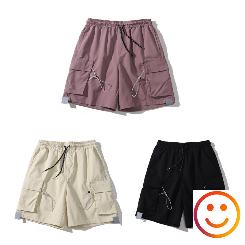 Shorts de poliéster masculino e feminino, calça casual de trabalho, bolso, shorts cargo, monocromático, verão