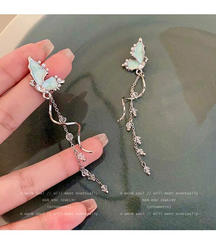 Perhiasan Fashion anting-anting keren anting-anting panjang rumbai kupu-kupu biru krim hadiah meriah perhiasan perak desain minoritas wanita