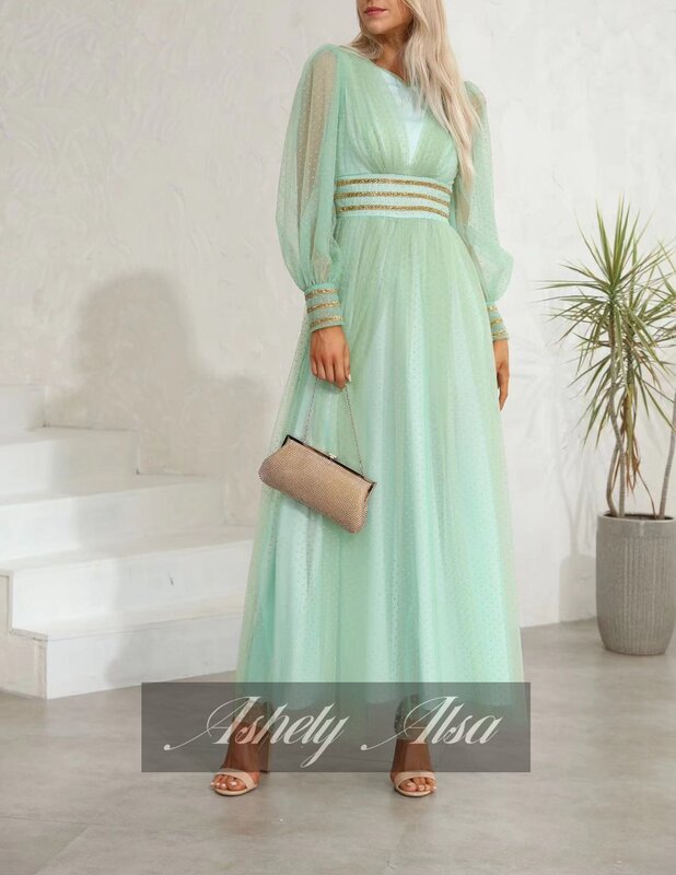 Ashely Alsa Fashion Dubai Women Dress manica lunga verde Lime Costume femminile A Line Lady abito formale da sera arabo musulmano AA-21