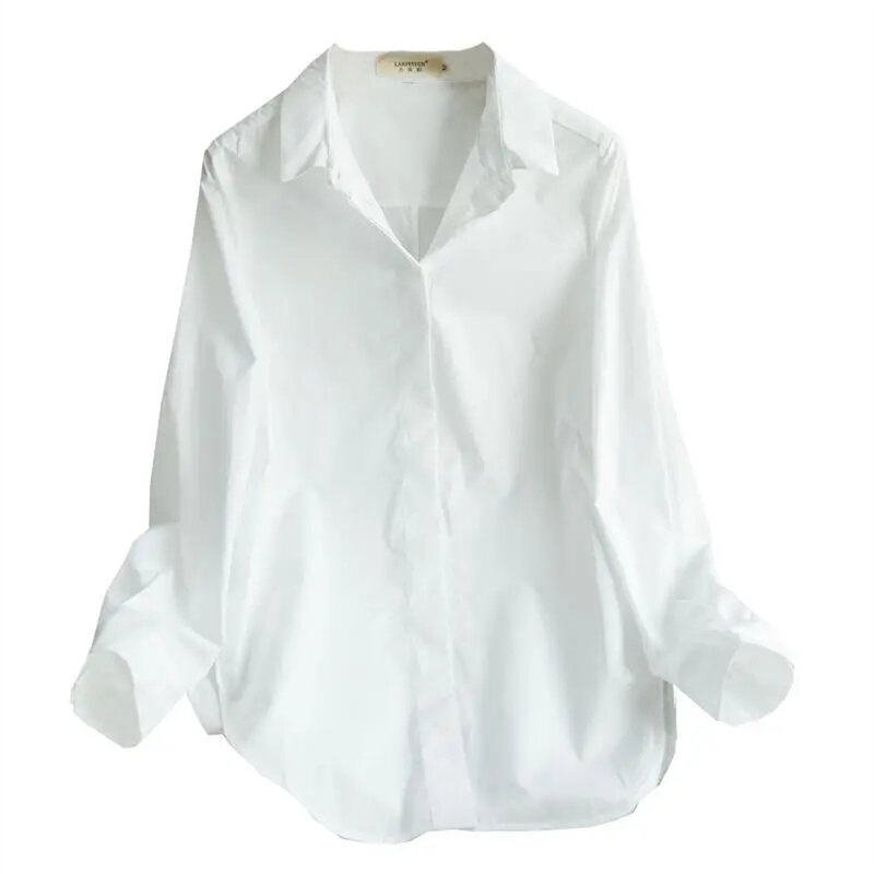 Camisa de escritório casual solta versão coreana feminina, blusa profissional de trabalho, camisa branca básica, cor sólida, primavera e verão
