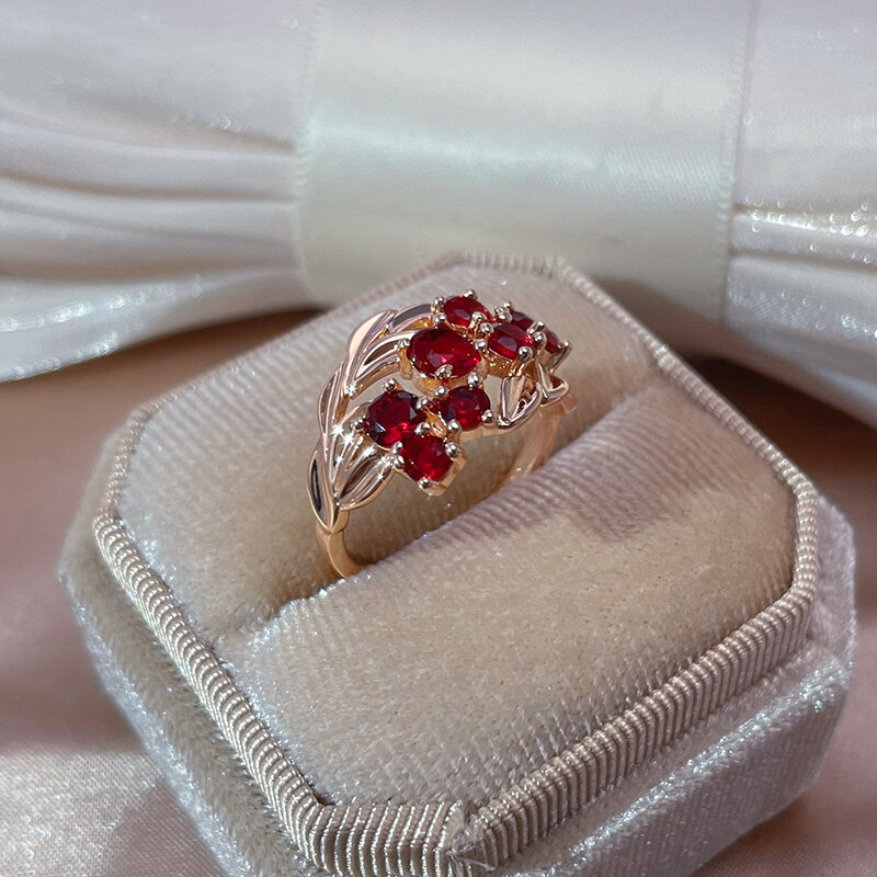 Scoujyo Cincin Batu Alami Mengkilap Merah untuk Wanita 585 Warna Rose Gold Elegan Vintage Pengantin Perhiasan Pernikahan Pesta Keluarga Hadiah Terbaik