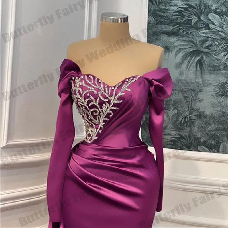 Luxurious Latest Long Evening Dresses For Women Slimming Off Shoulder Long Sleeves Design Ruched Waist Ribbon Beading Sequined