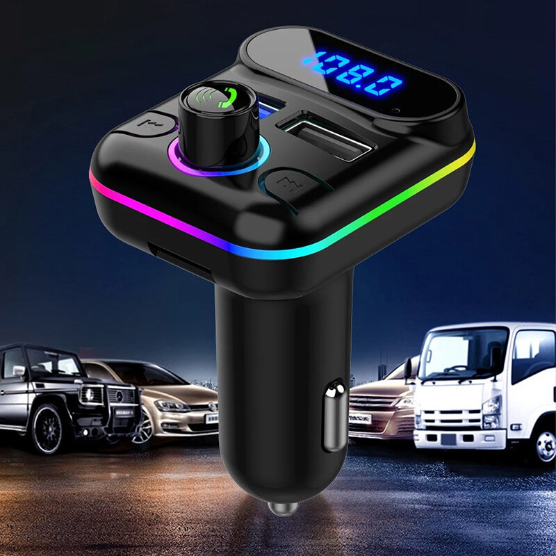 Caricabatteria da auto Dual USB trasmettitore FM Bluetooth 5.0 lettore MP3 scheda TF vivavoce riproduzione del disco U con lampada a luce d'atmosfera RGB
