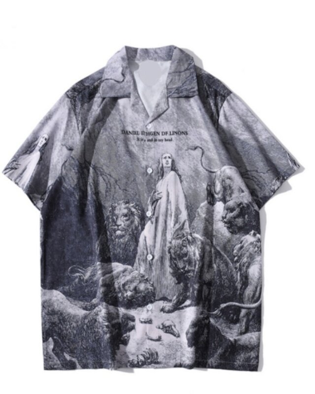 Camisas con estampado de icono artístico para hombre, camisas de calle con cuello de botón, camisas de playa finas de verano, camisas hawaianas informales, chaquetas