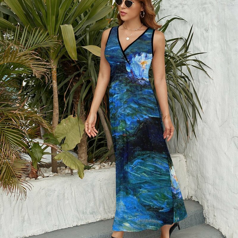 水lililies monget-ノースリーブのドレス,女性のための深い青のドレス
