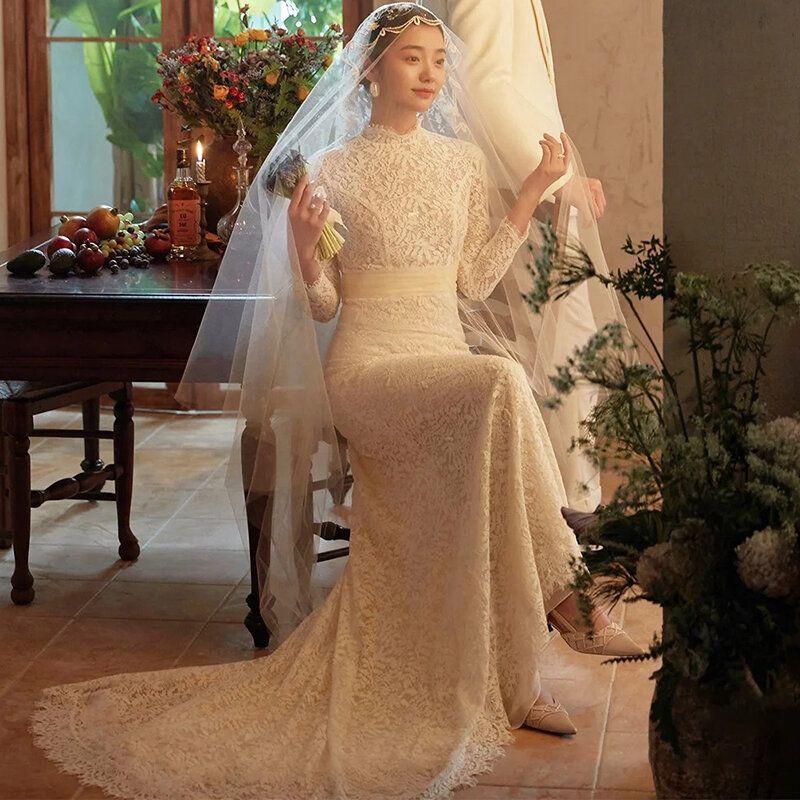 Elegancka suknie ślubne Boho z dekoltem z długim rękawem dla kobiet 2023 z dekoltem syreny i zamkiem błyskawicznym suknia ślubna Vestidos De Novia